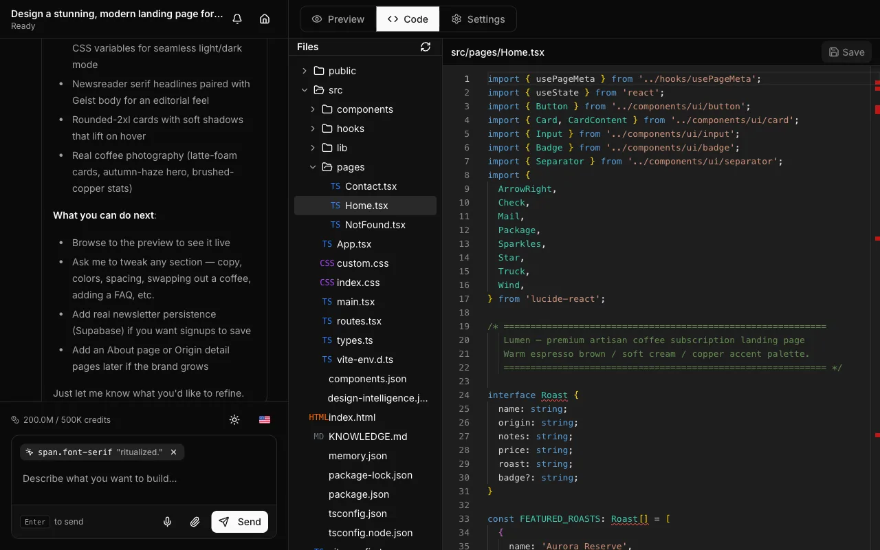 The code view: a file tree beside a syntax-highlighted TypeScript source file.