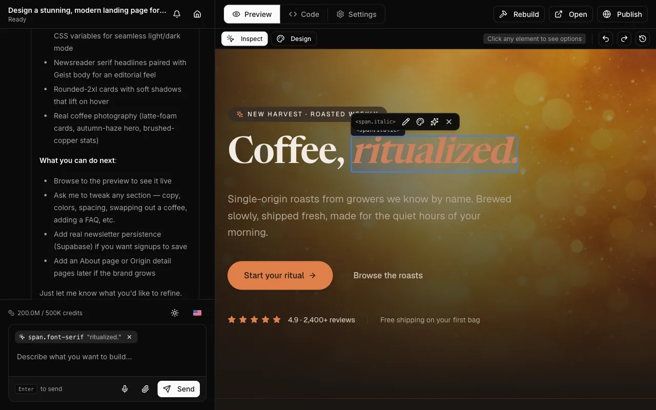 Inspect mode: an element selected in the preview, ready to be changed by description.