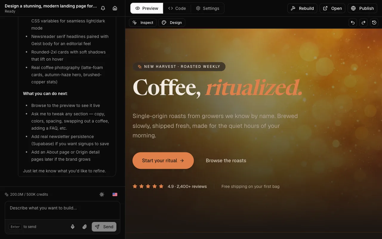 The builder: a chat thread on the left, the generated landing page rendering live on the right.